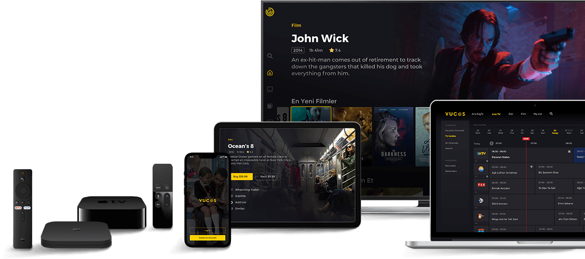 Vucos OTT platform across TV, laptop, tablet, and mobile